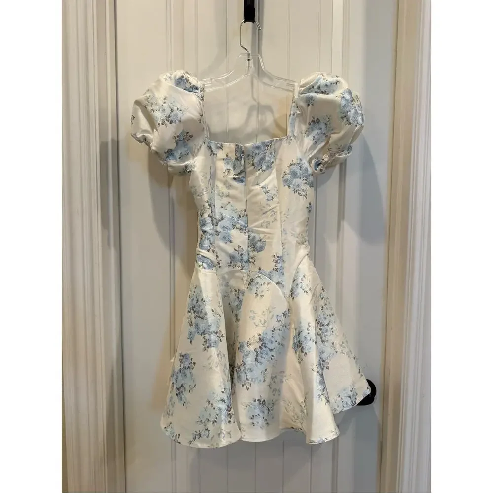 BHLDN Puff-Sleeve Printed Dupioni Fit & Flare Mini Dress